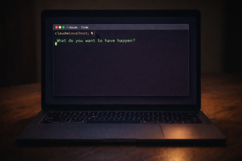 What do you want to have happen? — Claude Code terminal on a warm wooden desk
