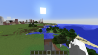 Screenshot in Minecraft showing boundary between flatland a regular terrain