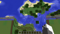 Screenshot in Minecraft showing boundary between flatland a regular terrain