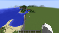 Screenshot in Minecraft showing boundary between flatland a regular terrain