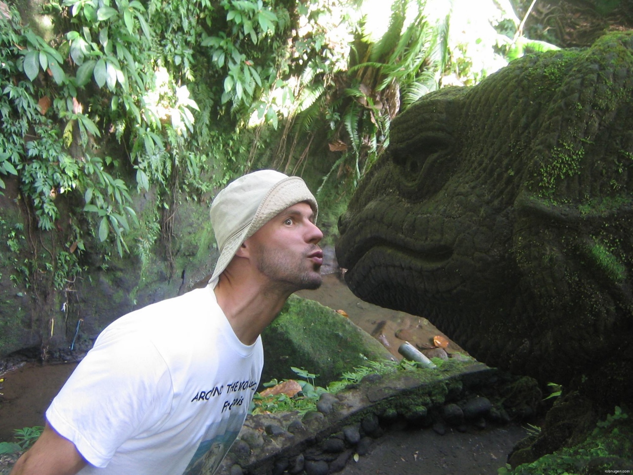 Rob almost kisses stone lizard