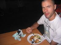 Francois hopes for a bite of Rob's dinner